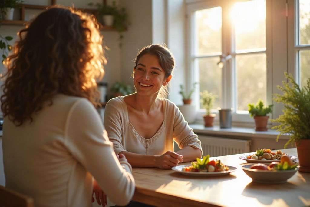 Person pausing mindfully before eating in a calm sunlit kitchen