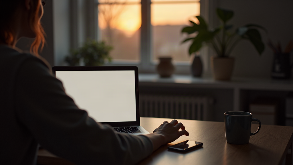 Person hesitating at a desk in front of an open laptop with a blank document at sunset