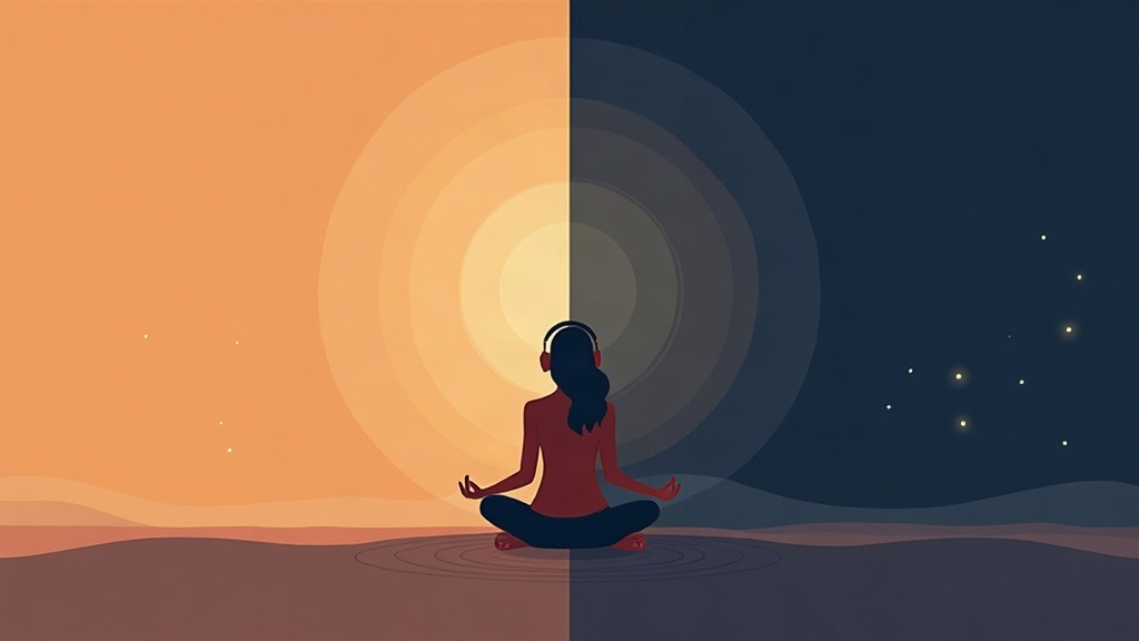 Illustration contrasting meditation in warm daylight with sleep hypnosis at night, sound waves converging on headphones