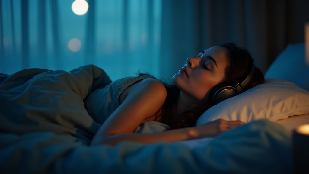 Woman asleep in bed at night wearing headphones, calm bedroom lit by moonlight — sleep hypnosis audio