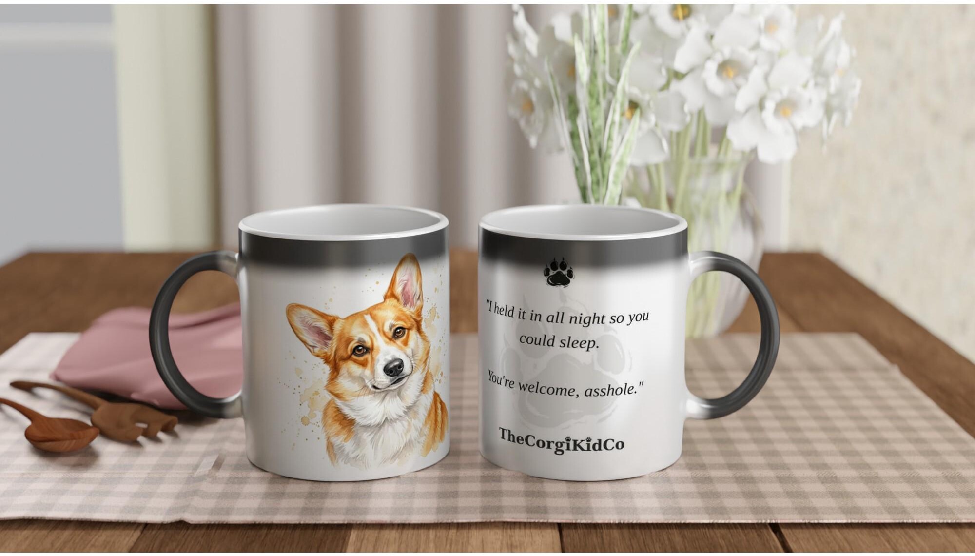 Cypher The Corgi Kid magic mugs — real mugs with Cypher’s quotes on them